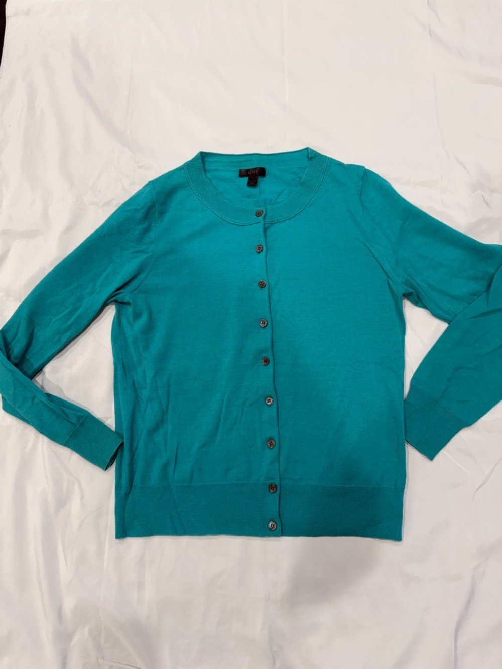 J Crew Women's Teal Button-Front Crewneck Cardigan Merino Sweater—Large - Picture 5 of 8